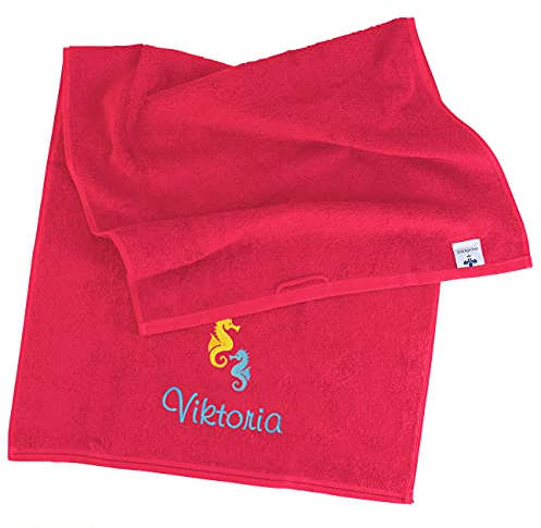 Herz & Heim® Seepferdchen Badetuch mit Name Bestickt, 3 Farben zur Auswahl, 140 x 70 cm Himbeer