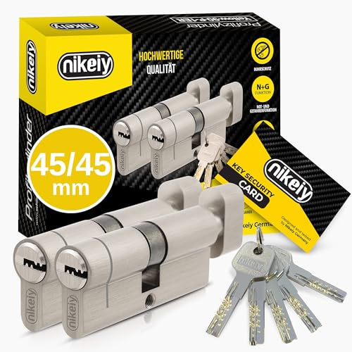 GERCAR Pro+, lot de 2 cylindres de serrure à bouton, à fermeture identique 45/45, cylindre de fermeture N+G avec bouton, serrure de porte avec protection anti-perçage, 10 clés, code, 90 mm, A:45 B:45