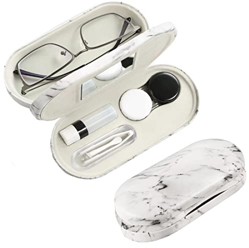 MULOVE Eyeglass and Contact Lens Case, 2 in 1 Portable Glasses with Marbling, Multifunction, Durable, Compact, Double Storage Kit,Marble Color