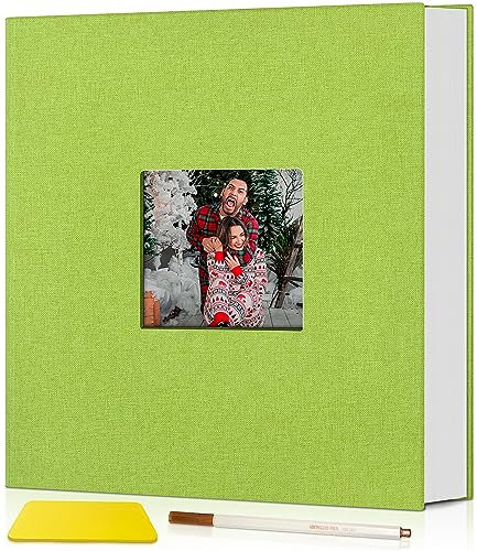 Popotop Álbum de fotos autoadhesivo con ventana de visualización de fotos, 40 páginas, álbum de recortes para fotos de 4 x 6 a 8 x 10, libro de recuerdos con cubierta de lino para boda, familia, con