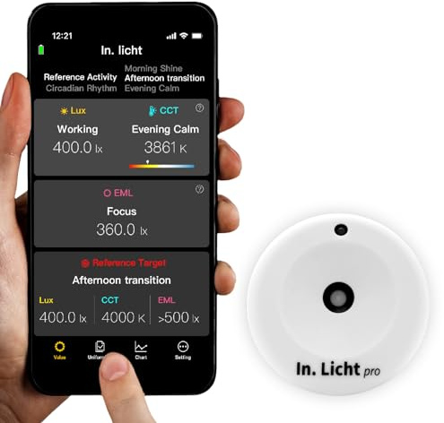 In. Licht Pro Equivalent Melanopic Lux(EML) Sensor wt. Key Lighting Indexes incl. Illuminance, CCT, Contrast & Uniformity - Hand-Held Light Meter Tool for Building Quality & Well Lighting Environment