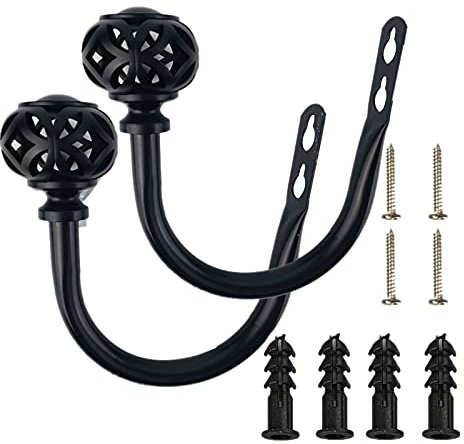 Doumneou 1 paio di ganci per tende in metallo, fermatende da parete per tende, gancio, supporto per drappeggi con ghiande (nero)