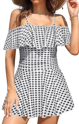 SHEKINI Maillot de bain une pièce pour femme Robe de bain dos nu Jupe de bain ruchée Gaine abdominale Contrôle abdominal Maillot de bain de plage pour femme Grande taille Jupe de bain, noir-b, L
