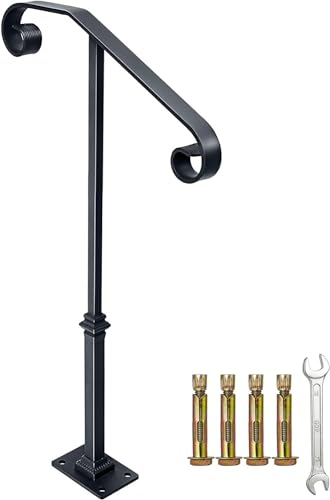 Handrail Railing, Single Post Handrail, Stair Railing for Concrete,Sturdy Handrails with Base, Mountable Iron Stair Handrail for 1 or 2 Steps, Grab Rail for Steps Porch, Railings for Outdoor Step