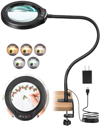 IVMAIE 15X Magnifying Glass with Light and Clamp, 5 Inch Real Glass Magnifying Desk Lamp with Stand, Long Gooseneck, 5 Color Modes Lighted Magnifier Hands Free for Crafts Painting Jewelry Close Work