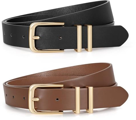JasGood 2 Stück Damen Ledergürtel für Jeans Mode Leder Taille Gürtel mit Goldschnalle Damen Gürtel für Hosen Kleide
