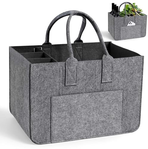 Haiane Einkaufskorb Faltbar aus 4mm Filz – Filztasche Groß mit Griffen – Faltbare Einkaufstasche für Shopping, Auto, Picknick – Robuster Tragekorb als Einkaufswagentasche (Grau & Dunkelgrau)
