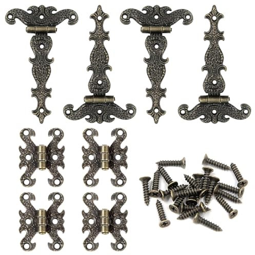 Srvauyea 8 Stück Scharniere, Antike Scharniere T Scharnier, Torscharnier Zinklegierung, Schrankscharnier Vintage, Retro Zierscharniere mit Schrauben, Möbelbänder für Schränke Fenster Holzkasten Tür