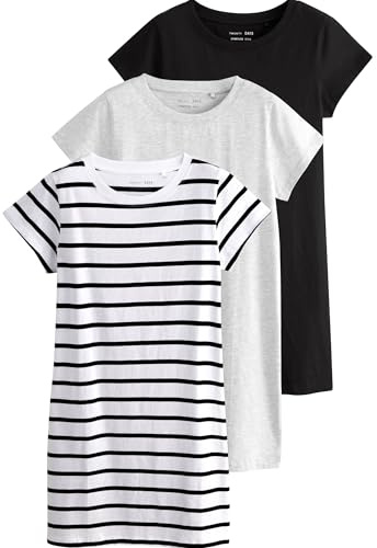 THE SET Mujeres Pack de 3 Vestidos Estilo Camiseta de Manga Corta 100% algodón Black/Grey/White Stripe XS