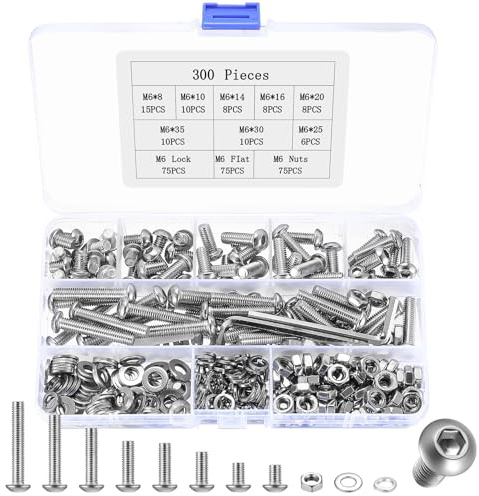 300 Stück M6 Schrauben Set, Linsenkopfschrauben Muttern Set, Gewindeschrauben mit Innensechskantschrauben, Linsenkopf Maschinenschrauben Sortiment, Edelstahlschrauben mit Unterlegscheiben Sets