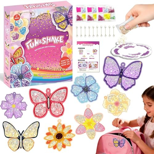 Afufu Shake-its Kit Créatif Paillettes, Kit Porte-clés Shakeur DIY pour Enfants 4-9 Ans, Activité Manuelle Créative avec Paillettes, Perles, Confettis, Fleurs & Papillons, Cadeau Filles & Garçons