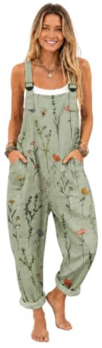DOTBUY-SHOP Combinaison Femme Chic Élégante, Salopette Femme Ete Fluide Plage Salopette Décontractée Casual avec Poches Légère Respirante pour Été Fête (Fleurs vert sauge,TG)