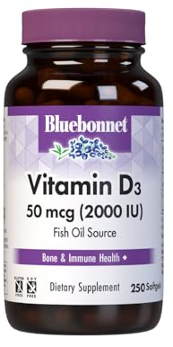 Bluebonnet Nutrition Vitamin D3 2000 IU50 mcg High Potency Immune Support, High Absorption Cold-Water Fish Liver Oil & Plant-Based Non-GMO Safflower Oil, Support Strong Bone, Gluten-Free, 250 Softgels