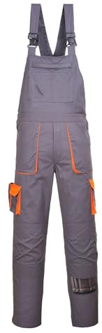 Portwest TX12 Men's Texo Contrast Bib and Brace Work Overalls Workwear Dungarees with Storage Knee Pad Pockets Adjustable Fit Elasticated Back, Grey, M