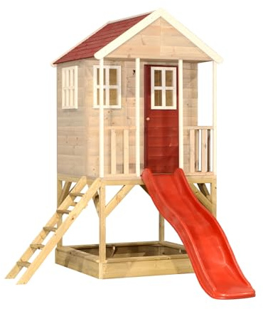 Wendi Toys casetta da giardino per bambini con scivolo, torre gioco in legno per bambini, 280×197×242 cm con scivolo 175 cm, scala, balcone e sabbiera, colore rosso - M8R