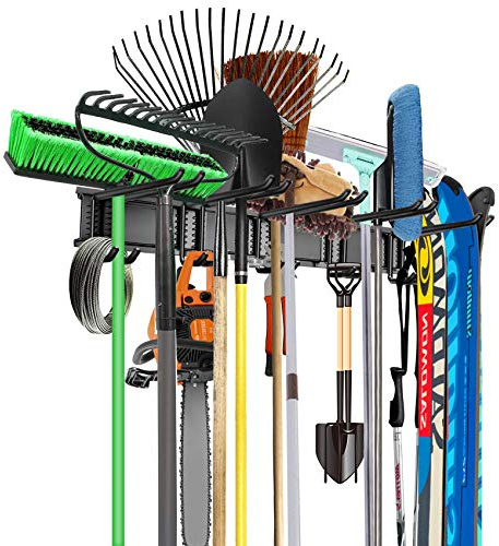 WALMANN Wall Mount Tool Organizer, Mop and Broom Holder, Garage Tools Storage Rack, Heavy Duty Garden Tool Storage Rack, Holds Up to 300 lbs