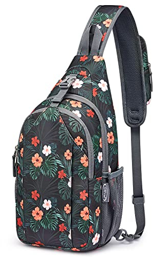 G4Free Sling Bag RFID Blocking Sling Backpack Crossbody Chest Bag Daypack for Hiking Travel(Black Base Floral)