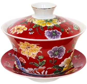 KOPYFANTAP Juego de Taza de Té Tradicional Chino de Porcelana kungfu,Gaiwan Rojo con Flores y Corales Gráficos,300ml Grande Capacidad Tazón de Té