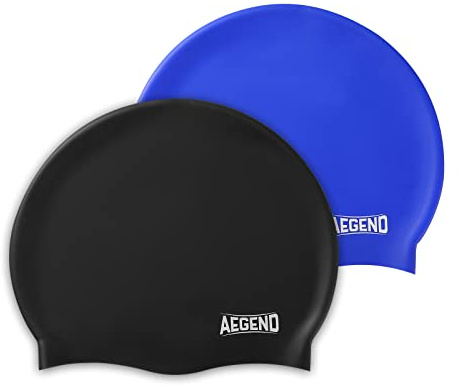 Aegend 2 Pack Kids Swim Cap for Girls Boys Age 3-8, Waterproof Swim Cap Durable Silicone Kids Swimming Cap for Long Hair, Black & Blue