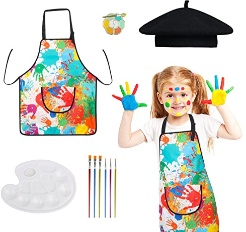 Funhoo Kinder Künstler Kostüm Zubehör Set Barett Hut Schürze Pinsel Zeichnung Farbe Palette und Brosche für Kunst Malerei Karriere Tag Party Jungen Mädchen (schwarz)