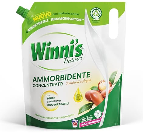 Winni's - Ammorbidente Lavatrice Ipoallergenico Concentrato Ecoformato, 50 Lavaggi, Fragranza Patchouli e Argan, Con Perle di Profumo Biodegradabili, 1250 ml