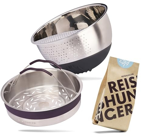 REISHUNGER Premium Upgrade Set für den Digitalen Reiskocher (1.5 l) - Edelstahl Reis Waschschüssel schwarz, Edelstahl Dämpfeinsatz & Reisset (8x200 g)