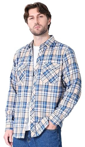 Iris Sprite Camisa de franela a cuadros para hombre, informal, manga larga, camisa de leñador, azul / beige, XXL