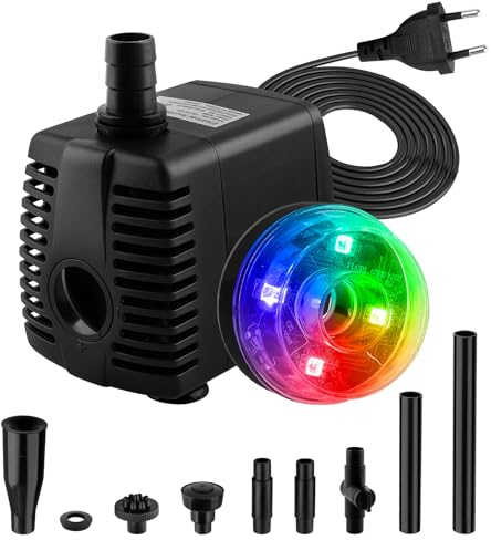NATPOW Pompe Aquarium Submersible, 800L/H 180-240V 15W Pompe à Eau Ultra Silencieuse, 3 Couleurs Changeante Pompe Submersible Fontaine avec 3 Buses pour Aquarium, Étang, Fontaine