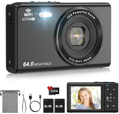 Digitalkamera, LAMA uppgraderad 1080P FHD 64 MP barn vloggkamera med 32 GB SD-kort, 16 x digital zoom kompakt kamera med 2 batterier, 2,8 tums LCD-skärm minikamera för barn, pojkar, flickor svart