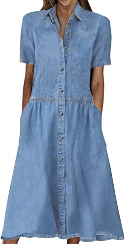 Jeansklänning dam sommar sexig – strandklänning dam lång sommar – klänning långärmad elegant kortärmad fickknapp denimklänning fritidsklänningar A-linje med fickor jeansklänningar maxi skjortklänning