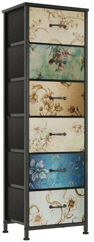 CAIYUN Hohe Kommode, Schubladenschrank, Aufbewahrungsschrank mit 6 Schubladen aus Stoff, Hoch und Schmale Holztop Komodenschrank Sideboard Möbel für Schlafzimmer/Wohnzimmer/Flur, Vintage Muster