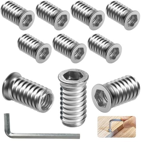 BOUMVID Tuercas Roscadas Hexagonales Insertos de Madera M8 x 20mm, 10 Piezas Tuercas de Insertar Roscados Hexagonal Remaches, Tuerca de Inserción Cabeza Plana para Muebles de Madera