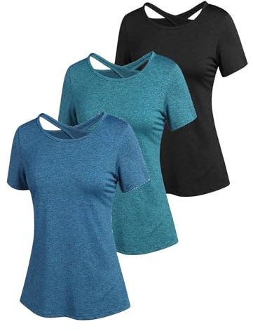 PINSPARK Damen Sport T-Shirt Kurzarm Funktionsshirt Rückenfreies Sportshirt Laufshirt Oberteile Leicht Fitness Oberteil Yoga Workout Gym Top 3er Pack PAT2 XL