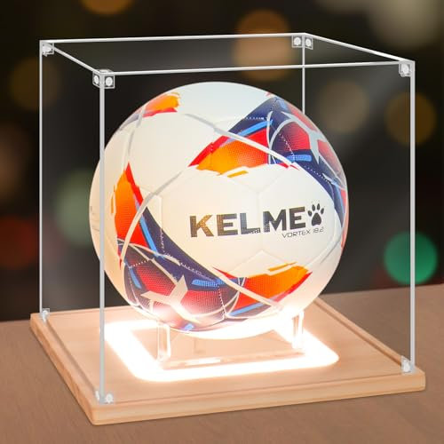 Nonemey Fussball Vitrine mit Led-Licht, Acryl vitrine schaukasten Display case mit Ständer für volle Größe Volleyball Fußball, Sport Memorabilia Vitrine für Sammlerstücke(Holz, 25x25x25 cm)