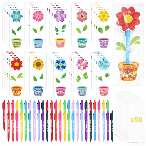 Bensbl 50 Pack Gel Pens Black Ink 0.5mm Fine Point with 50 Flower Pot Cards and 50 Clear Bags - Teacher Appreciation Gifts, Back to School Supplies for Office, Classroom