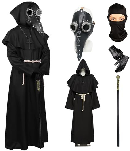 Plague Doctor Mask Props, Long Nose Bird Beak Steampunk Masks Priest Robe Leather Gloves Cross Necklace Scepter Belt Balaclava Steampunk Fancy Dress Up Cosplay Costume for Halloween Carnival Party