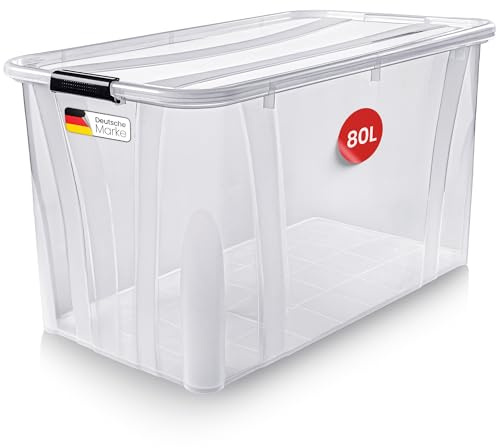 KONZEPT Scatola portaoggetti 80 L con coperchio – scatola in plastica trasparente, impilabile, senza BPA, fondo rinforzato, robusti clip di chiusura – ideale per cucina e casa
