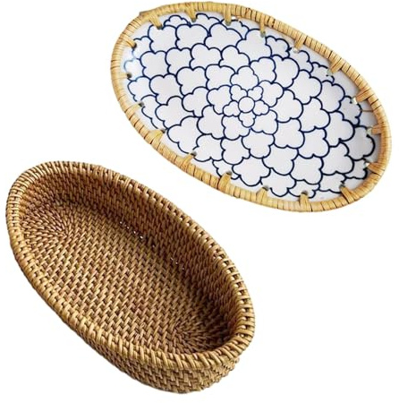 Cestini per il pane per servire, grande cestino scalda pane con manico in ceramica e rattan per riscaldare la tavola, panini e snack, confezione da 2