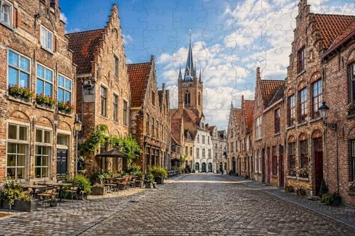 Träpussel med gata i Belgiens gamla stad, 1000 bitar för vuxna, europeisk stadsbild