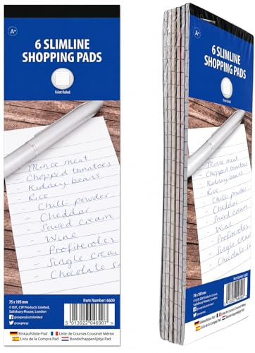 Sixstore Shoppinglista anteckningsbok paket med 6 dynor smala anteckningsblock, shopping att göra-lista anteckningsbok, praktisk dyna för daglig användning 75 mm x 210 mm med 30 sidor per bok