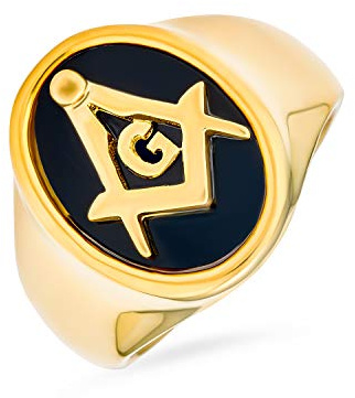 Bling Jewelry Secret Society Square Compass Black Oval Mens Signet Freemason Masonic Ring For Men Gold Plated Stainless Steel