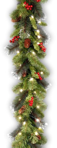 National Tree Company 9 ft Pre-Lit Crestwood Spruce Artificial Christmas Garland, Christmas Decoration with Glitter, Pinecones, Red Berries, 50 Clear Lights, 180 Tips, Green