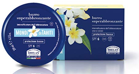 Helan, Monoi de Tahiti - Crema Abbronzante Corpo e Viso con Protezione Solare 6 Bassa, Burro Acceleratore e Attivatore Abbronzatura Protegge la Pelle, Unguento Super Abbronzante Intensificatore 200 ml