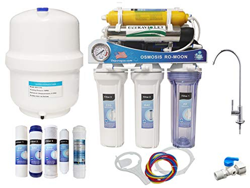 Depurtek | Osmosis inversa MOON75 UV, 7 etapas. Bomba Manometro, Remineralizador, Ultravioleta y Grifo Lux, Membrana 75 GPD