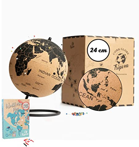 TRIPVEA® Mappamondo vintage in sughero + 342 bandierine adesive da piantare - Mappamondo decorativo a tema viaggio - Idea regalo ideale per l'ufficio o per il bambino - Dimensioni = 24 cm