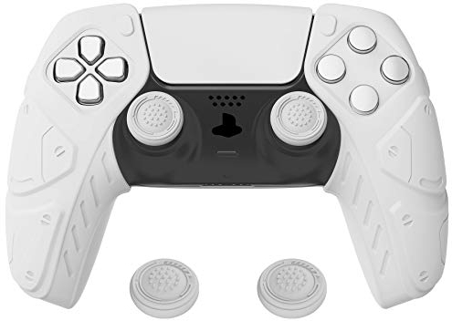 PlayVital Edición Mecha Blanco Funda de Silicona Suave para ps5, Protector de Goma Ergonómica con Tapas para Joysticks para ps5 Mando - Compatible con Estación de Carga