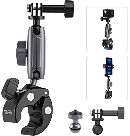 TELESIN Soporte de Motocicleta para DJI, Soporte de Bicicleta para DJI Osmo Action 5 Pro/4, Insta360 X3/X4, GoPro Hero 13/12/11/10/9, Acción Cámara Accesorio con Rotación de 360° y 1/4-20 mm Adaptador