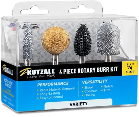 Kutzall 4-Piece Rotary Burr Kit - 1⁄4 Shaft, Variety Grit - Woodworking Attachment for Bosch, DeWalt, Makita, Milwaukee Tools - Structured Tungsten Carbide (14VKIT01)
