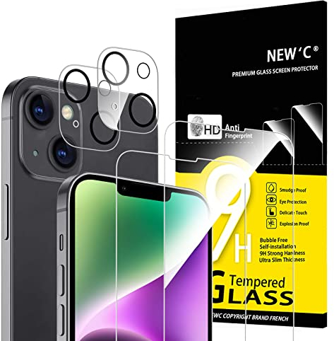 NEW'C 4 Pezzi, 2 x Pellicola Vetro Temperato per iPhone 14 (6,1) e 2 x Pellicola Protettiva Fotocamera Posteriore per iPhone 14 (6,1) -Antigraffio - Ultra Resistente - Durezza 9