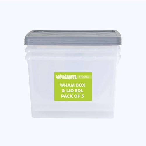 Wham Box 3 x 50L Stackable Plastic Storage Boxes with Lids | Ideal for Home, Office, Toys & More | Secure, Ribbed Clip-On Lid for Added Strength | Made in UK - Clear/Steel